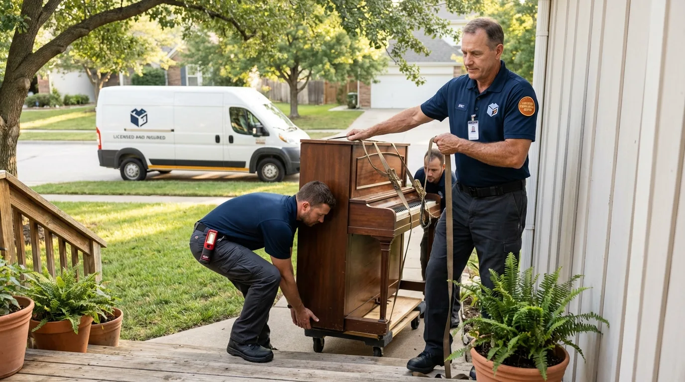 Licensed piano movers securing grand piano in Bowling Green, VA