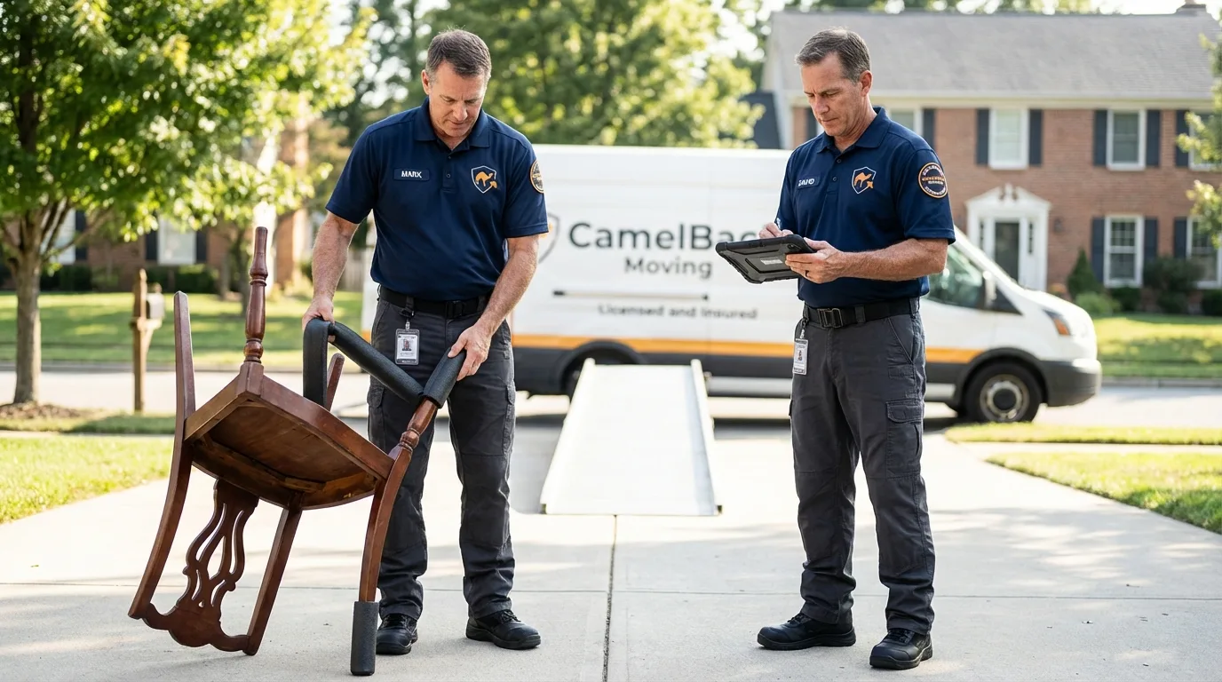 Movers inspecting furniture for damage prevention before loading in Bowling Green, VA